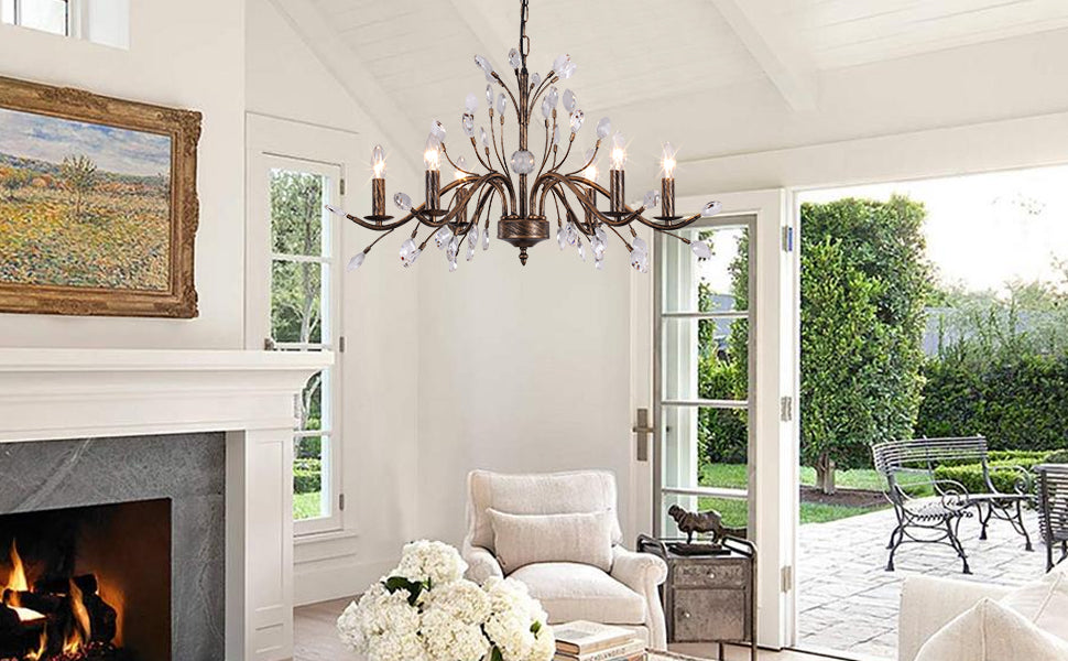 Bronze Farmhouse Crystal Chandelier: 6-Light Rustic Pendant with Crystal Branches for Vintage Décor - COOLBABY