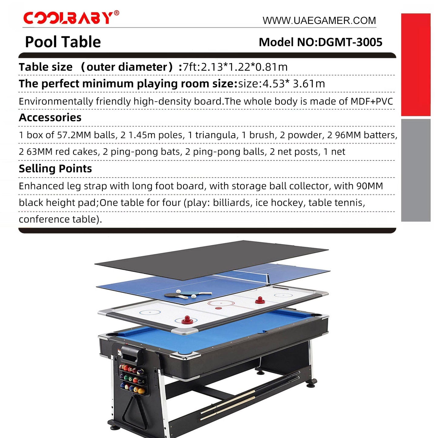 COOLBABY 4 in 1 DGMT-3005 7ft Blue Pool Table Billiard + Air Hockey + Tennis Table