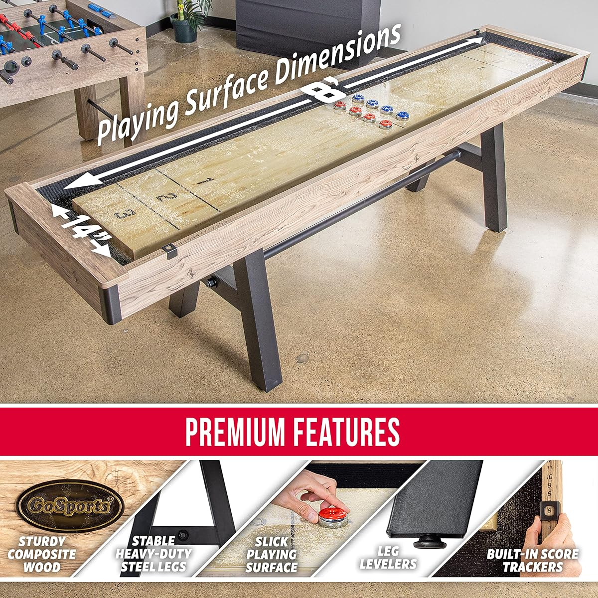 Premium 9 ft Shuffleboard Table with 8 Metal Pucks, Wax & Brush | Indoor Game Room Shuffleboard Table