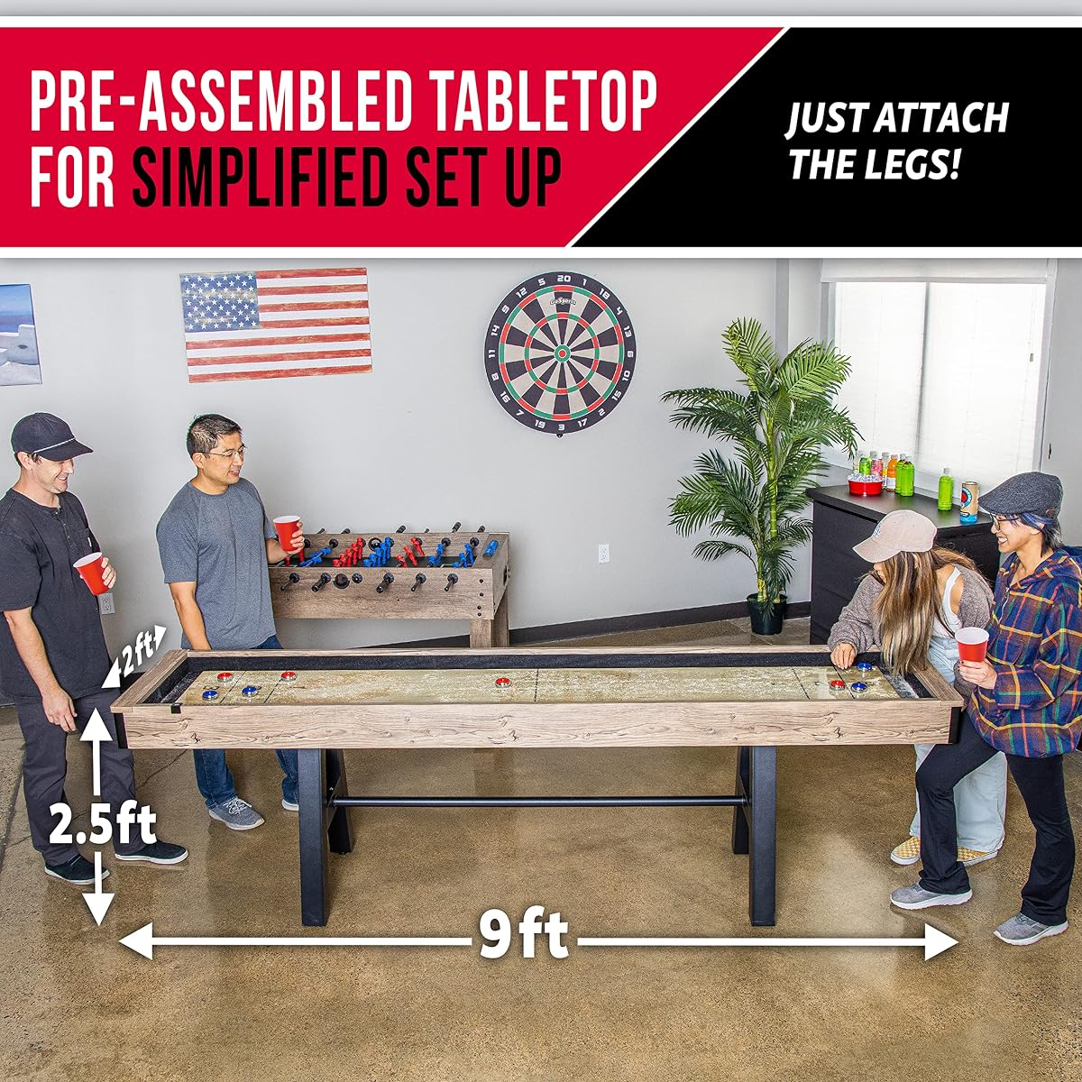Premium 9 ft Shuffleboard Table with 8 Metal Pucks, Wax & Brush | Indoor Game Room Shuffleboard Table