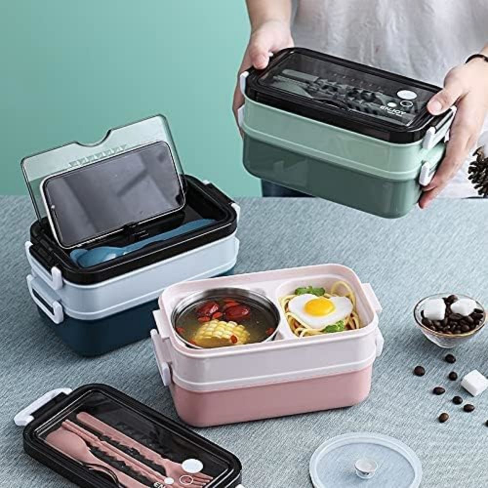 COOLBABY Premium Food Container with Soup Bowl and Cutlery – Insulated Lunch Box with 3 Layers – Stainless Steel Bento Lunch Box – Leakproof Design and Side Handles - 21.5 x 11.5 x 11cm - COOLBABY