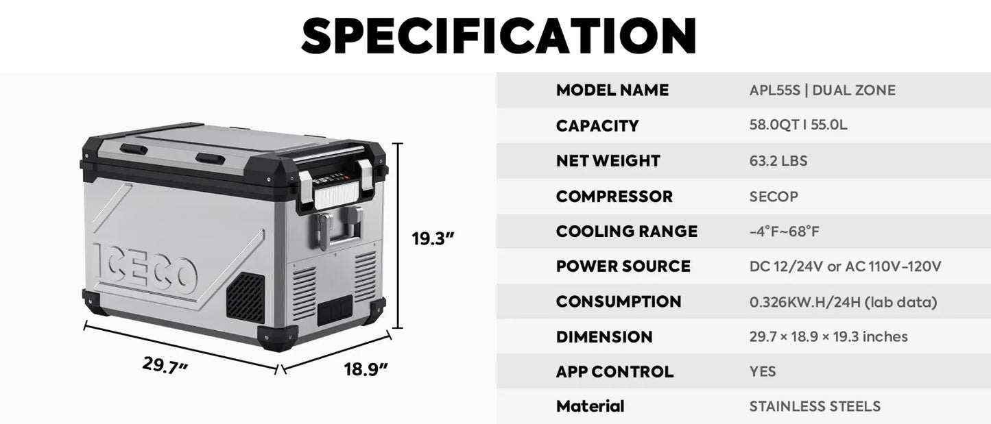 APL55 Dual Zone Portable Fridge Freezer | 55L SECOP Compressor Camping Fridge