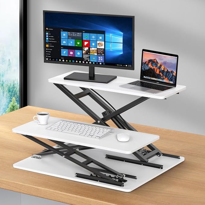 “CoolBaby Dual‑Desktop Standing Desk Converter – 22.4″ Height‑Adjustable Sit‑Stand Workstation with Removable Keyboard Tray – White”