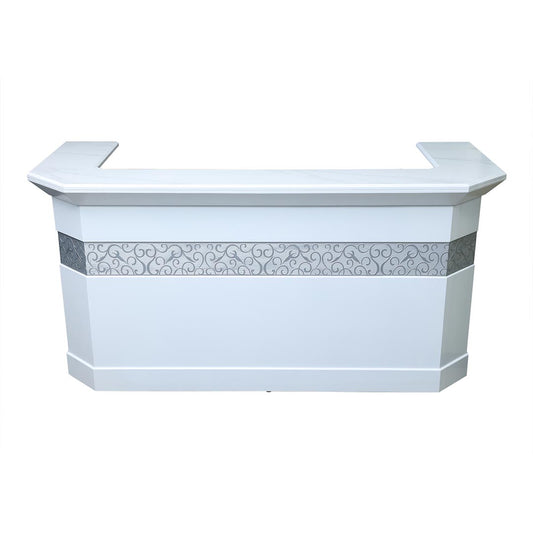 COOLBABY Glossy White Reception Table BG059 with Artistic Grey Carvings – Durable, Waterproof - COOLBABY