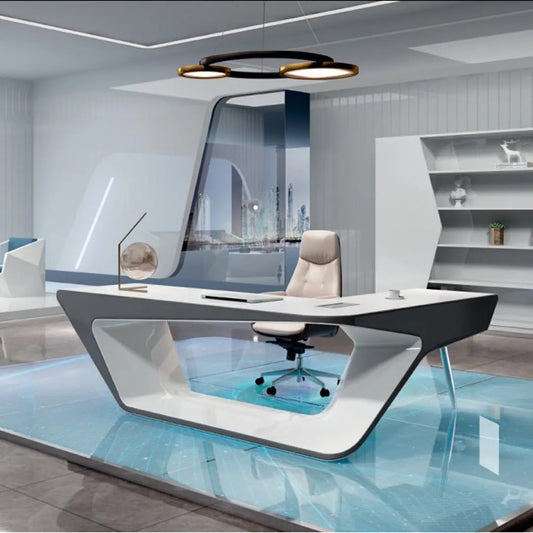 BG-9925 Glossy Executive Office Table White | Smart Desk with Fingerprint Lock & Ports