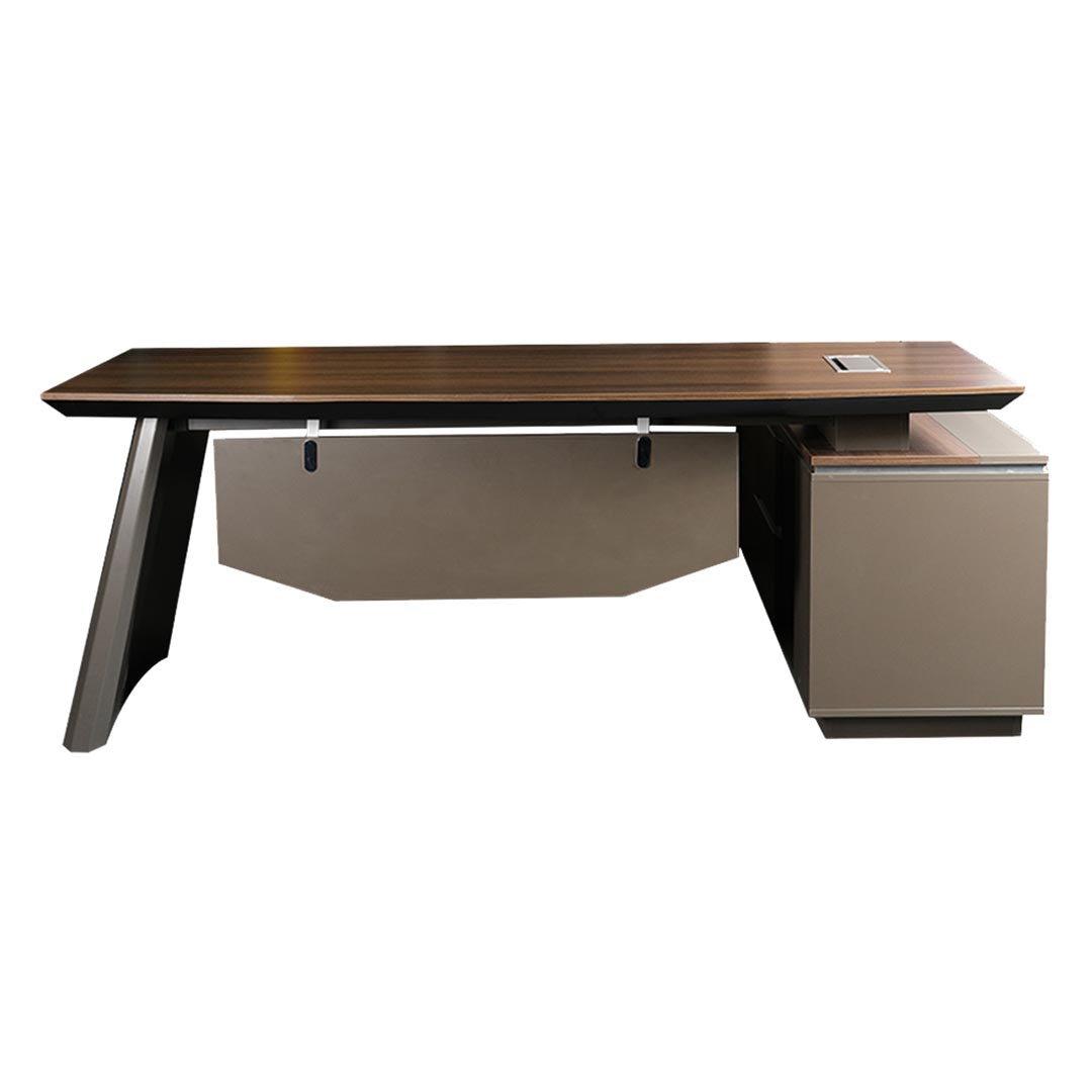 COOLBABY 220 cm Brown Executive Office Table with Attached Side Table – Durable HDF, Metal Legs - COOLBABY