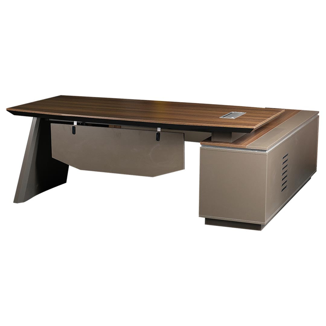 COOLBABY 220 cm Brown Executive Office Table with Attached Side Table – Durable HDF, Metal Legs - COOLBABY