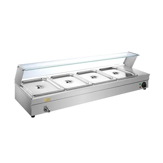 Glass Counter Bain Marie 4 x 1/2 GN Food Warmer – 1.5KW Stainless Steel Buffet Display | GN HBM-23-24