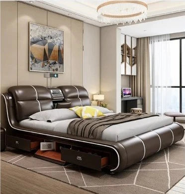 Smart King Size Bed with Projector, Vibration Massage, Bluetooth Speakers, and More - Pine Wood & Leather Upholstered - COOLBABY