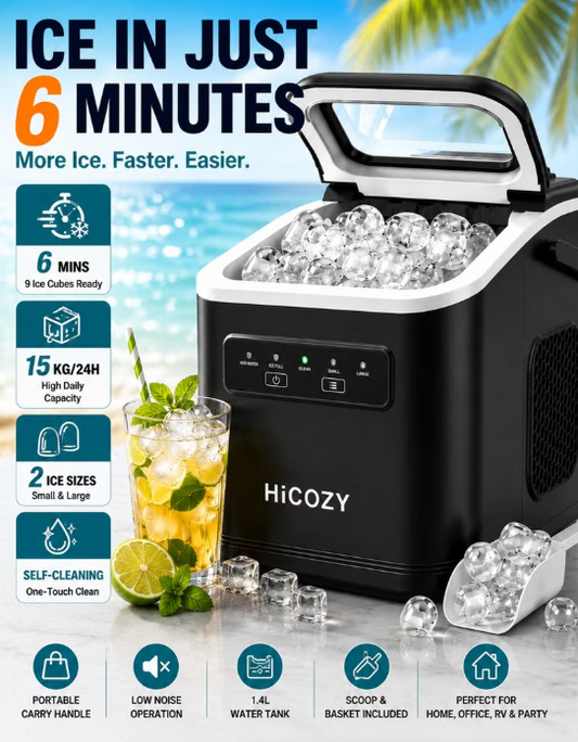 Portable Ice Maker HIM-D4 15KG/24H – 9 Bullet Ice Cubes in 6 Minutes, Self-Cleaning, 2 Ice Sizes, 1.4L Ice Machine