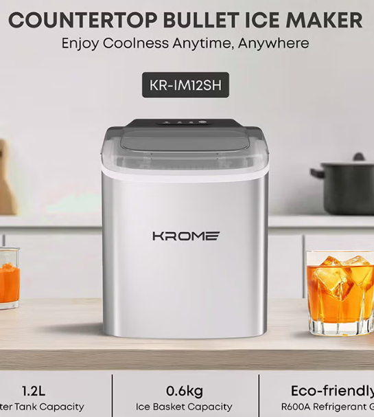 KR-IM12SH 12KG/24H – 9 Bullet Ice Cubes, LED Display, Auto Clean, Compact Countertop Ice Maker