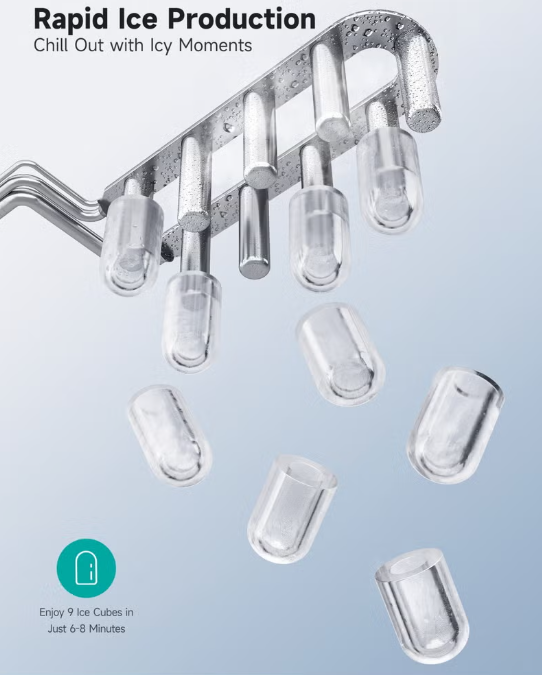 Portable Ice Maker HIM-D4 15KG/24H – 9 Bullet Ice Cubes in 6 Minutes, Self-Cleaning, 2 Ice Sizes, 1.4L Ice Machine