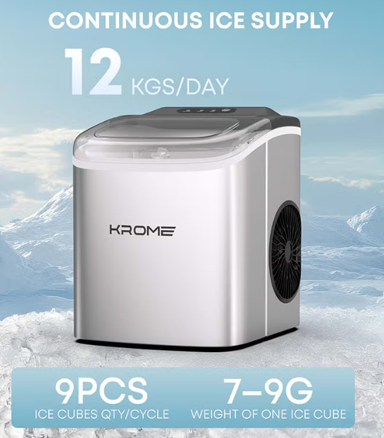 KR-IM12SH 12KG/24H – 9 Bullet Ice Cubes, LED Display, Auto Clean, Compact Countertop Ice Maker