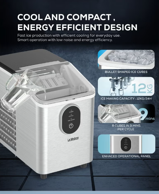 LMIM37 Ice Maker Machine 12KG/24H | Stainless Steel Countertop Bullet Ice Maker
