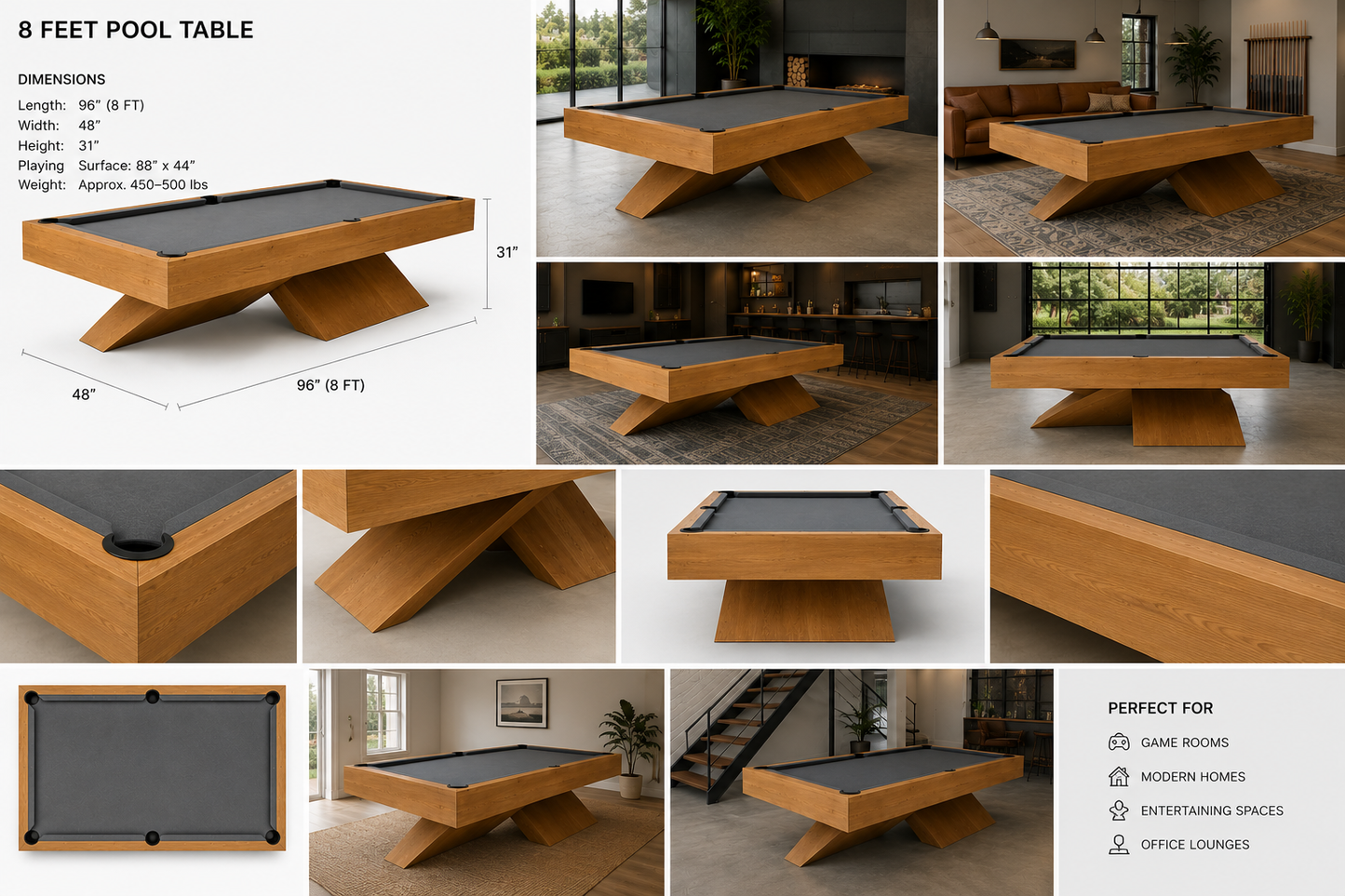 X Billiard Table in Solid Maple Wood | Luxury Modern Pool Table