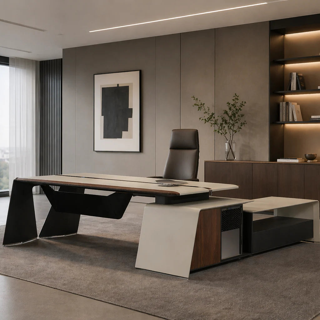 H06 Executive Office Table White & Brown | Premium Executive Desk with Storage