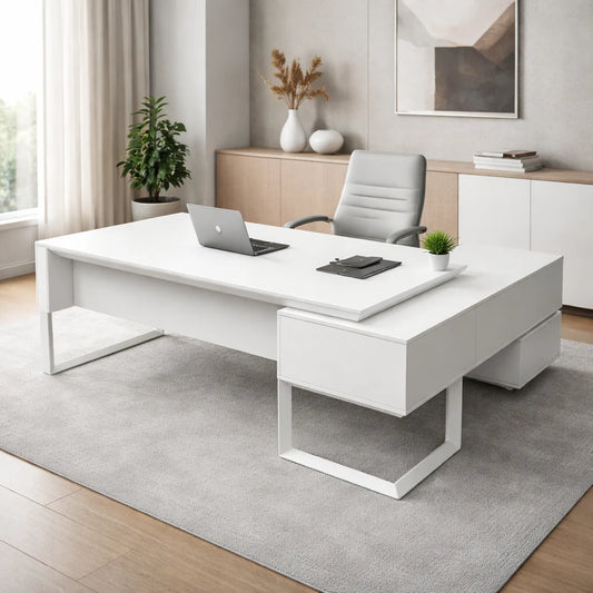 Office Table 720-T01-2.4 White Executive Desk with Side Table, Drawers & Storage Cabinet