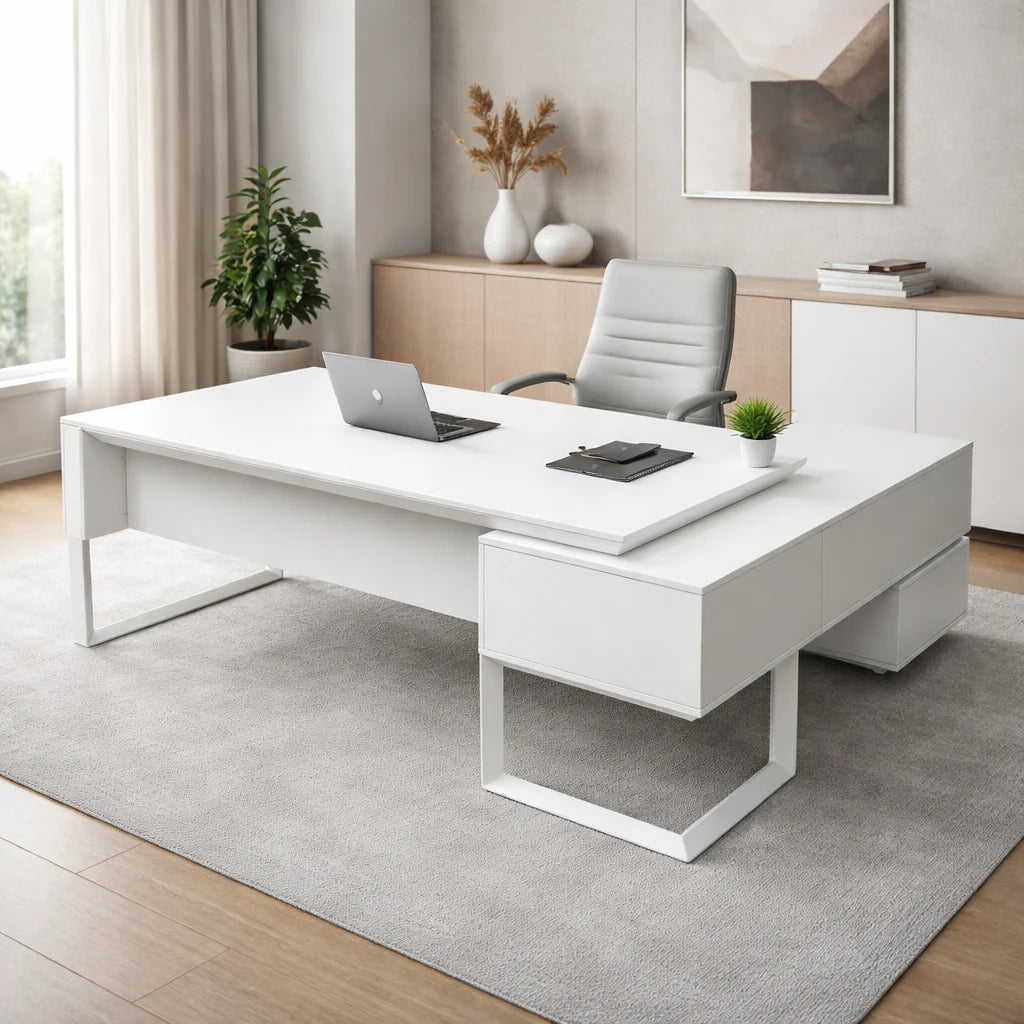 Office Table 720-T01-2.4 White Executive Desk with Side Table, Drawers & Storage Cabinet