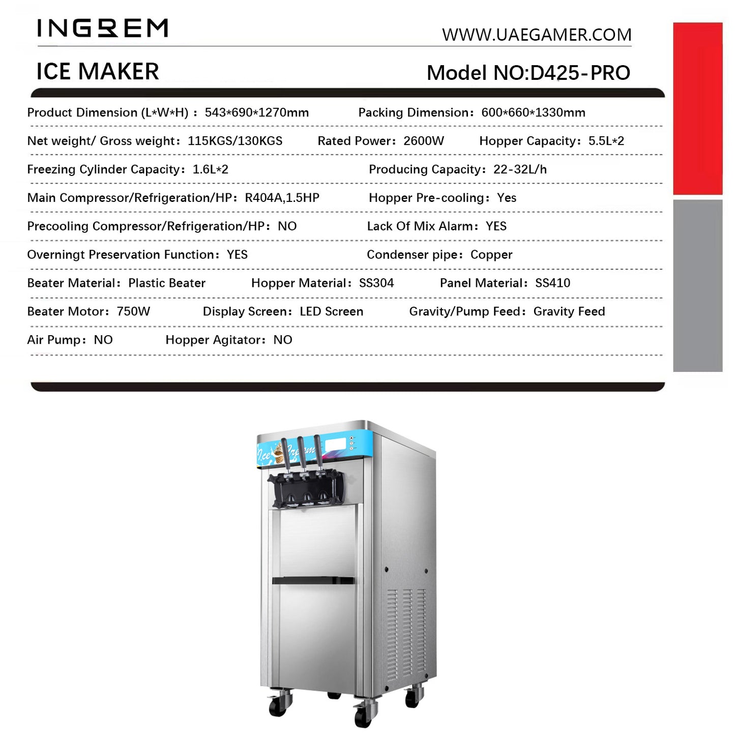 2600W Commercial Soft Ice Cream Machine 3 Flavors Producing Capacity22-32L/H, LED Screen for Restaurants Snack Bar