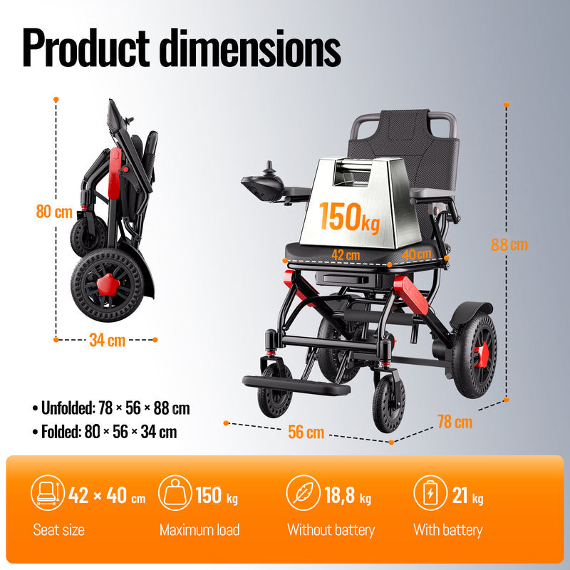 Lightweight Folding Electric Wheelchair – 200W * 2, 25km range, up to 150kg Airline Approval