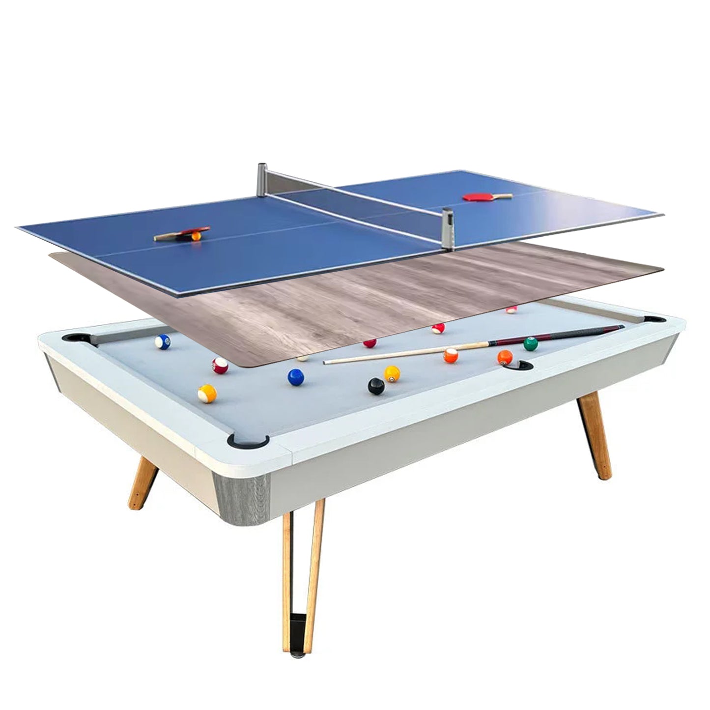8-ft 3 IN 1 Professional Billiard Pool Tables with Full Accessory Pool Table with Table Tennis Top - White with Grey Felt - COOLBABY