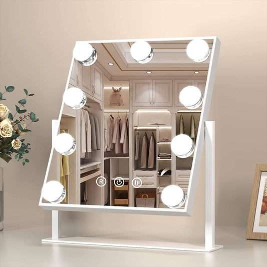 COOLBABY DPHZJ-9DP Makeup Mirror with Lights, Lighted Makeup Mirror with 9 Dimmable Bulbs and 3 Color Lighting Modes, Smart Touch Control, Plug in Light Up Mirror (White) - COOL BABY