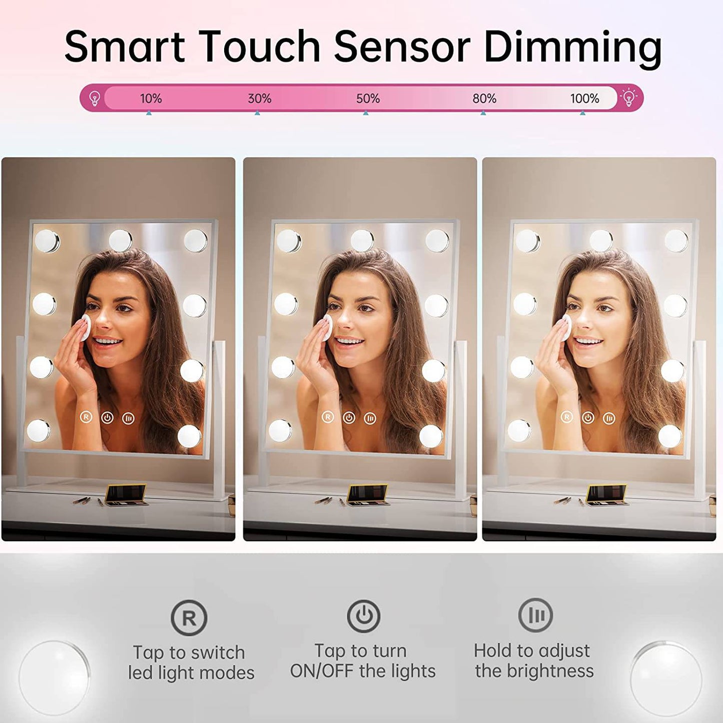 COOLBABY DPHZJ-9DP Makeup Mirror with Lights, Lighted Makeup Mirror with 9 Dimmable Bulbs and 3 Color Lighting Modes, Smart Touch Control, Plug in Light Up Mirror (White) - COOL BABY