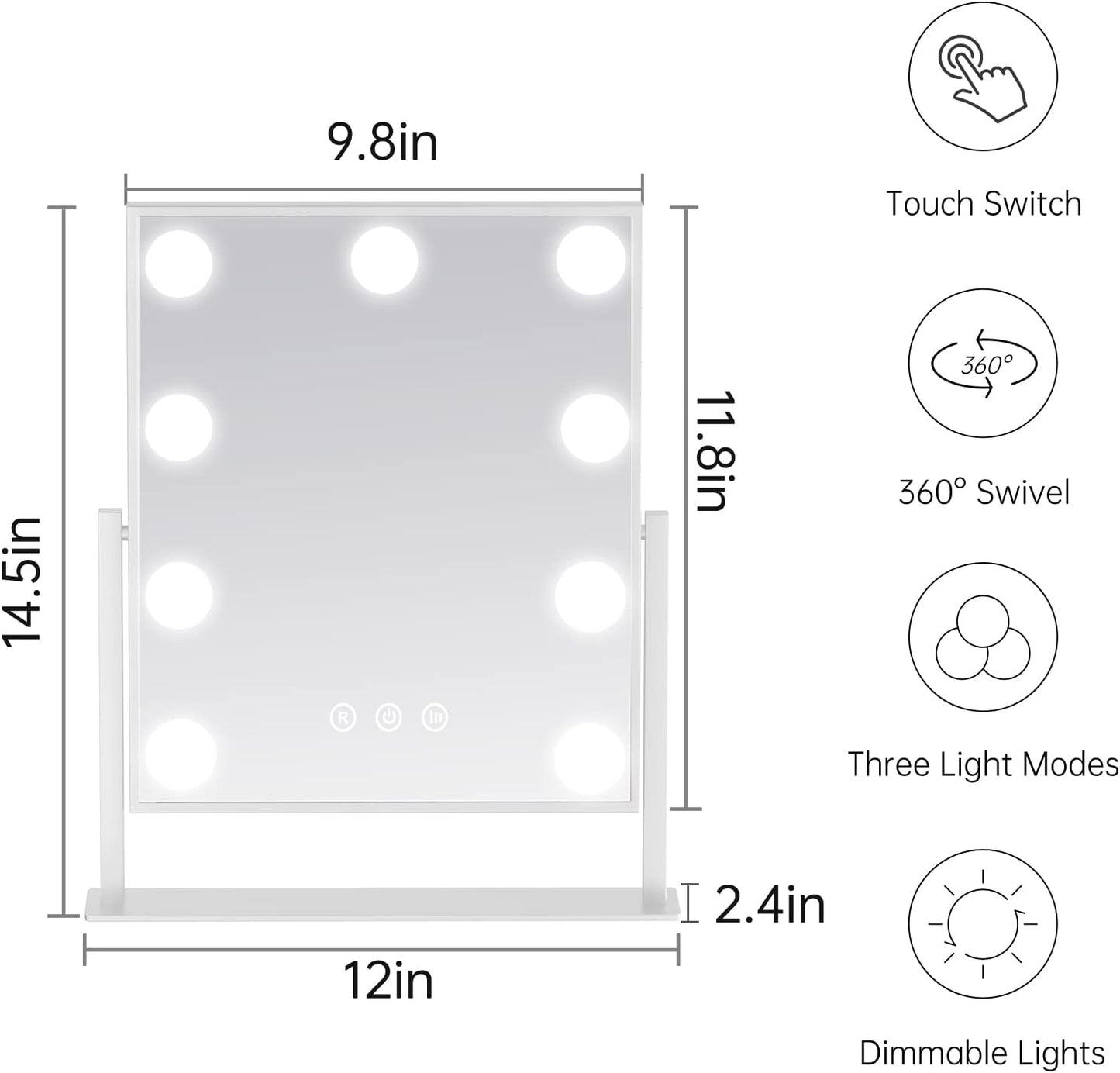 COOLBABY DPHZJ-9DP Makeup Mirror with Lights, Lighted Makeup Mirror with 9 Dimmable Bulbs and 3 Color Lighting Modes, Smart Touch Control, Plug in Light Up Mirror (White) - COOL BABY