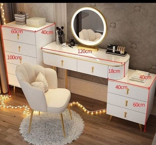 Simple Solid Wood Dressing Table for Bedroom, Massive Storage Drawers, Smart Mirror and a Chair. - COOLBABY