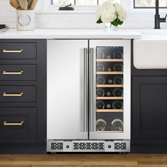 24 Inch Dual Zone 18 Bottle and 60 Can Wine & Beverage Refrigerator Built-in/Freestanding Cooler for Beer Wine Drink with Built-In Light
