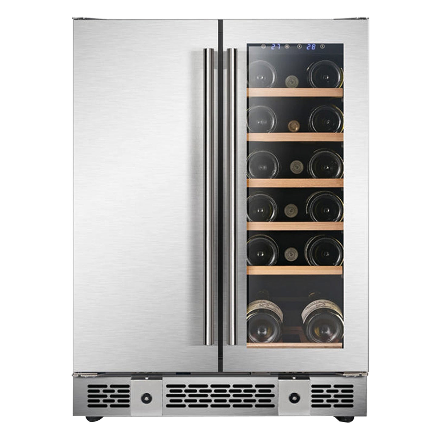 24 Inch Dual Zone 18 Bottle and 60 Can Wine & Beverage Refrigerator Built-in/Freestanding Cooler for Beer Wine Drink with Built-In Light