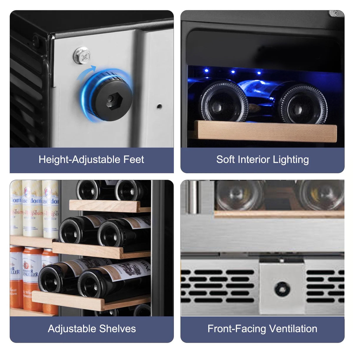 24 Inch Dual Zone 18 Bottle and 60 Can Wine & Beverage Refrigerator Built-in/Freestanding Cooler for Beer Wine Drink with Built-In Light