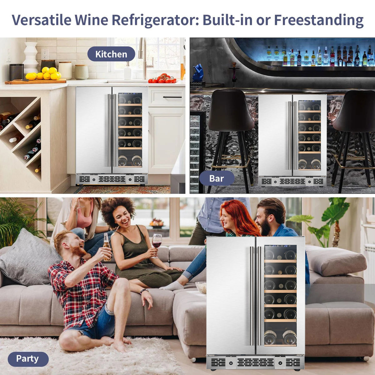 24 Inch Dual Zone 18 Bottle and 60 Can Wine & Beverage Refrigerator Built-in/Freestanding Cooler for Beer Wine Drink with Built-In Light