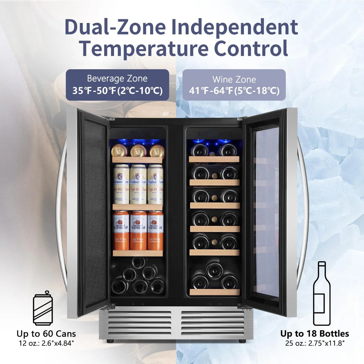 24 Inch Dual Zone 18 Bottle and 60 Can Wine & Beverage Refrigerator Built-in/Freestanding Cooler for Beer Wine Drink with Built-In Light