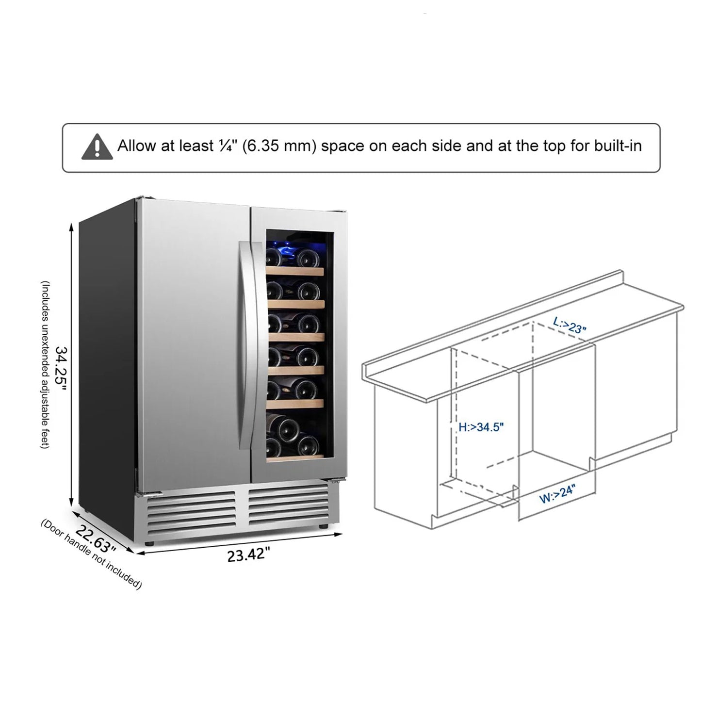 24 Inch Dual Zone 18 Bottle and 60 Can Wine & Beverage Refrigerator Built-in/Freestanding Cooler for Beer Wine Drink with Built-In Light