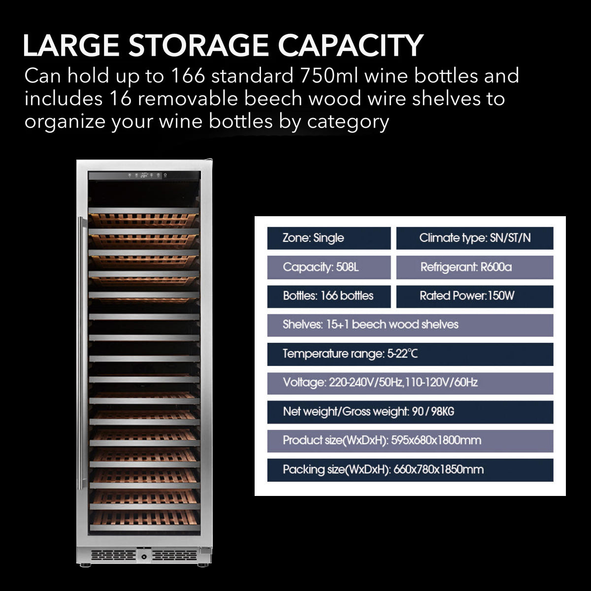 166 Bottle Single Zone Freestanding/Built-In Wine Cellar Cooler Refrigerator