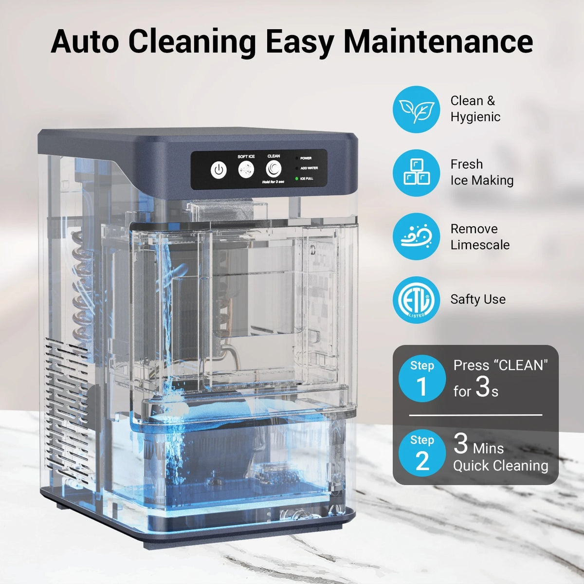 Countertop Nugget Ice Maker Machine 17kg/Day Self-Cleaning Quiet Home Ice Maker with 3L External Water Tank for Kitchen Bar