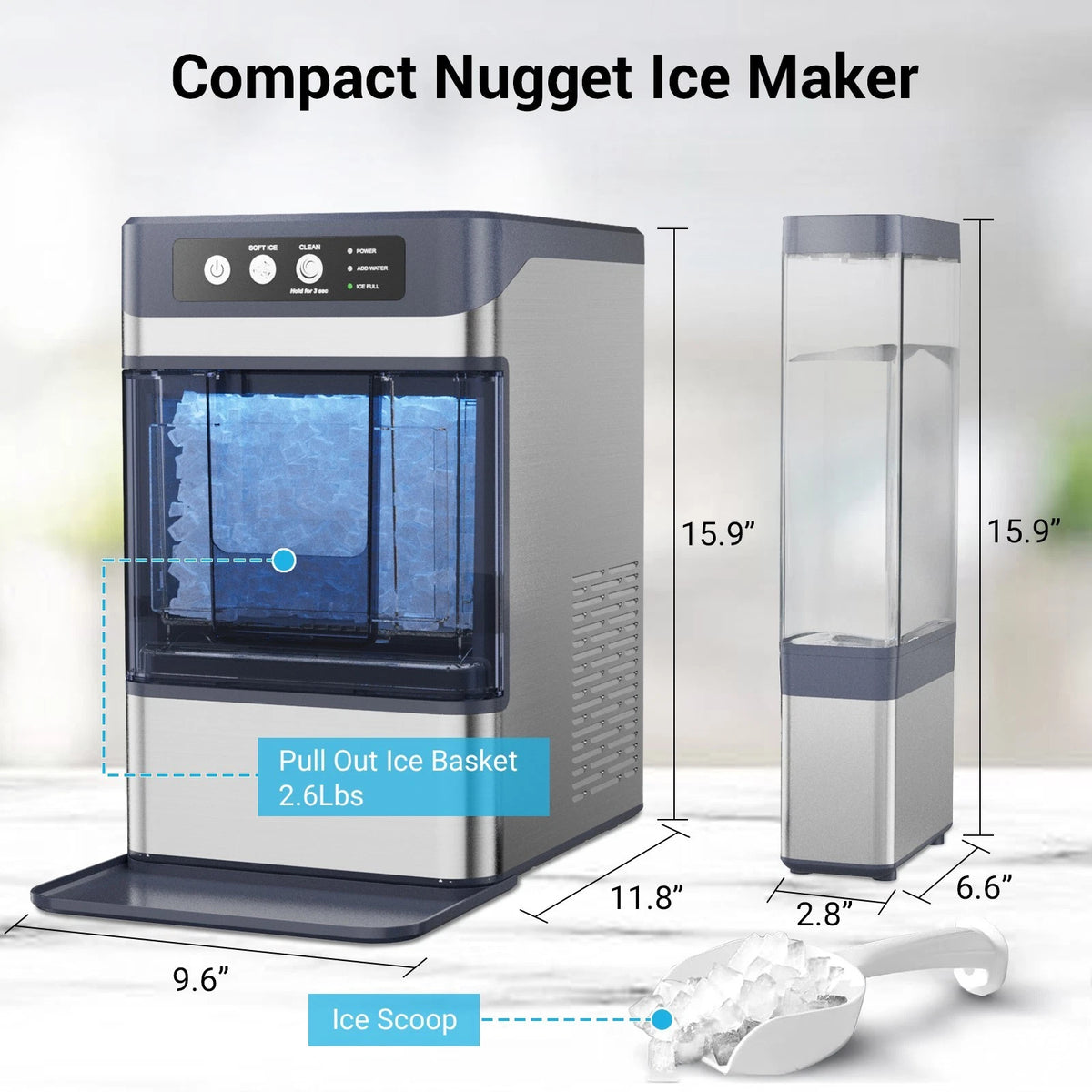 Countertop Nugget Ice Maker Machine 17kg/Day Self-Cleaning Quiet Home Ice Maker with 3L External Water Tank for Kitchen Bar
