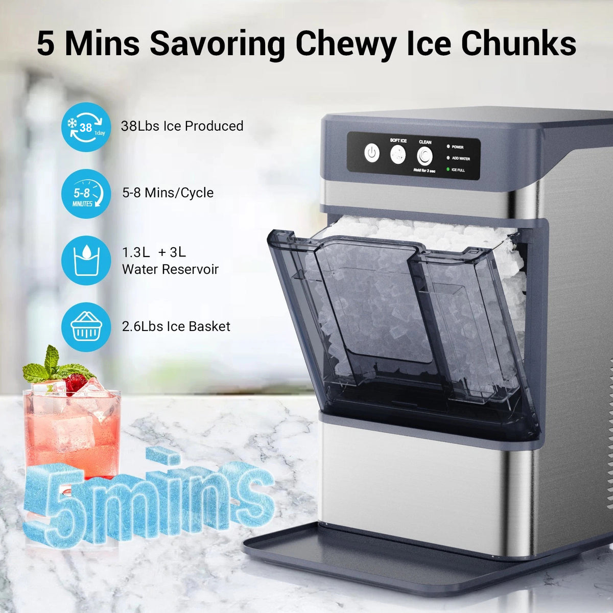 Countertop Nugget Ice Maker Machine 17kg/Day Self-Cleaning Quiet Home Ice Maker with 3L External Water Tank for Kitchen Bar