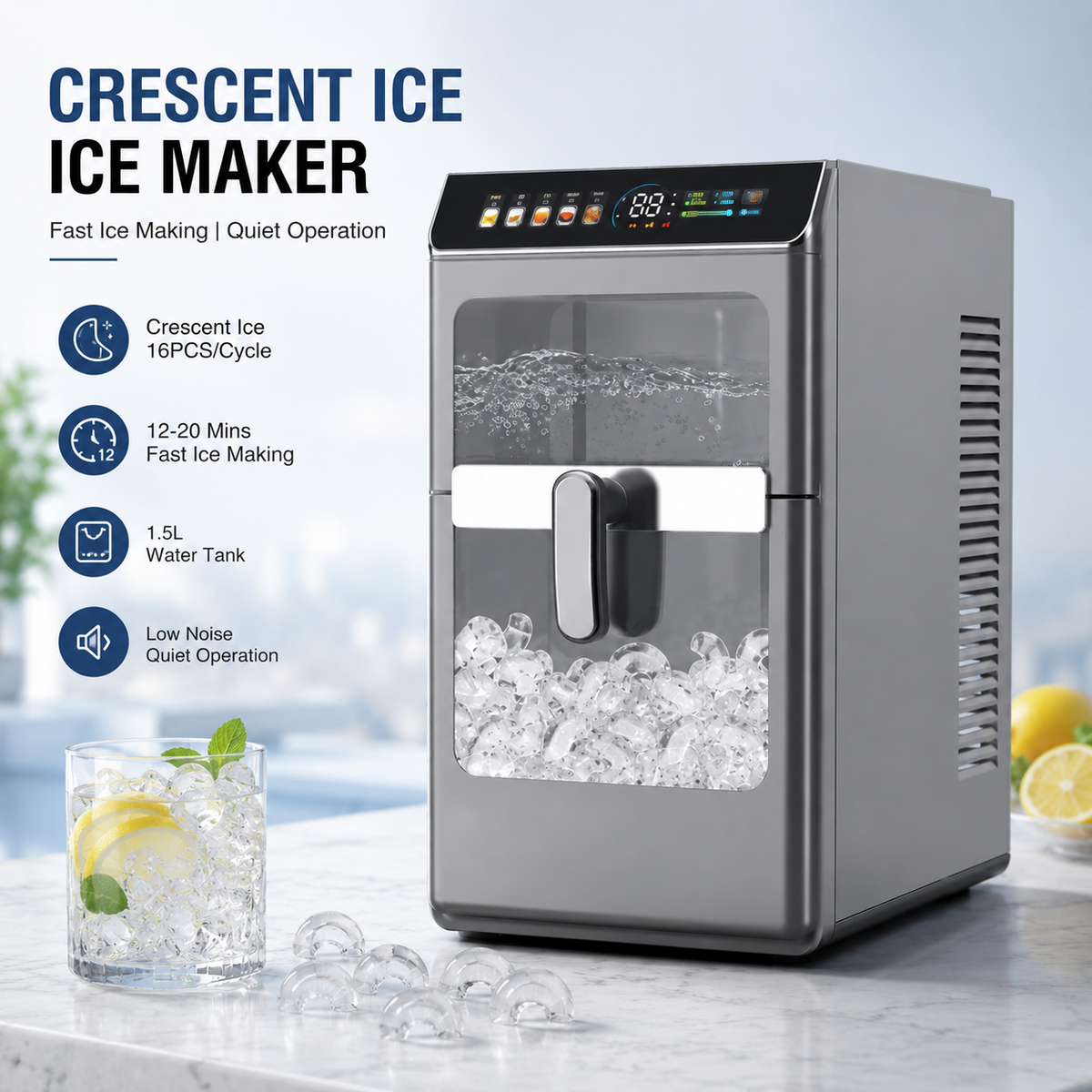Countertop Crescent Ice Maker 12kg/24H Automatic Ice Making Machine with Self-Cleaning for Home Bar Use