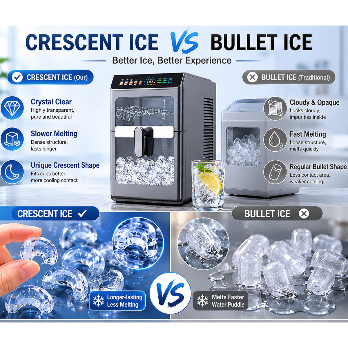 Countertop Crescent Ice Maker 12kg/24H Automatic Ice Making Machine with Self-Cleaning for Home Bar Use