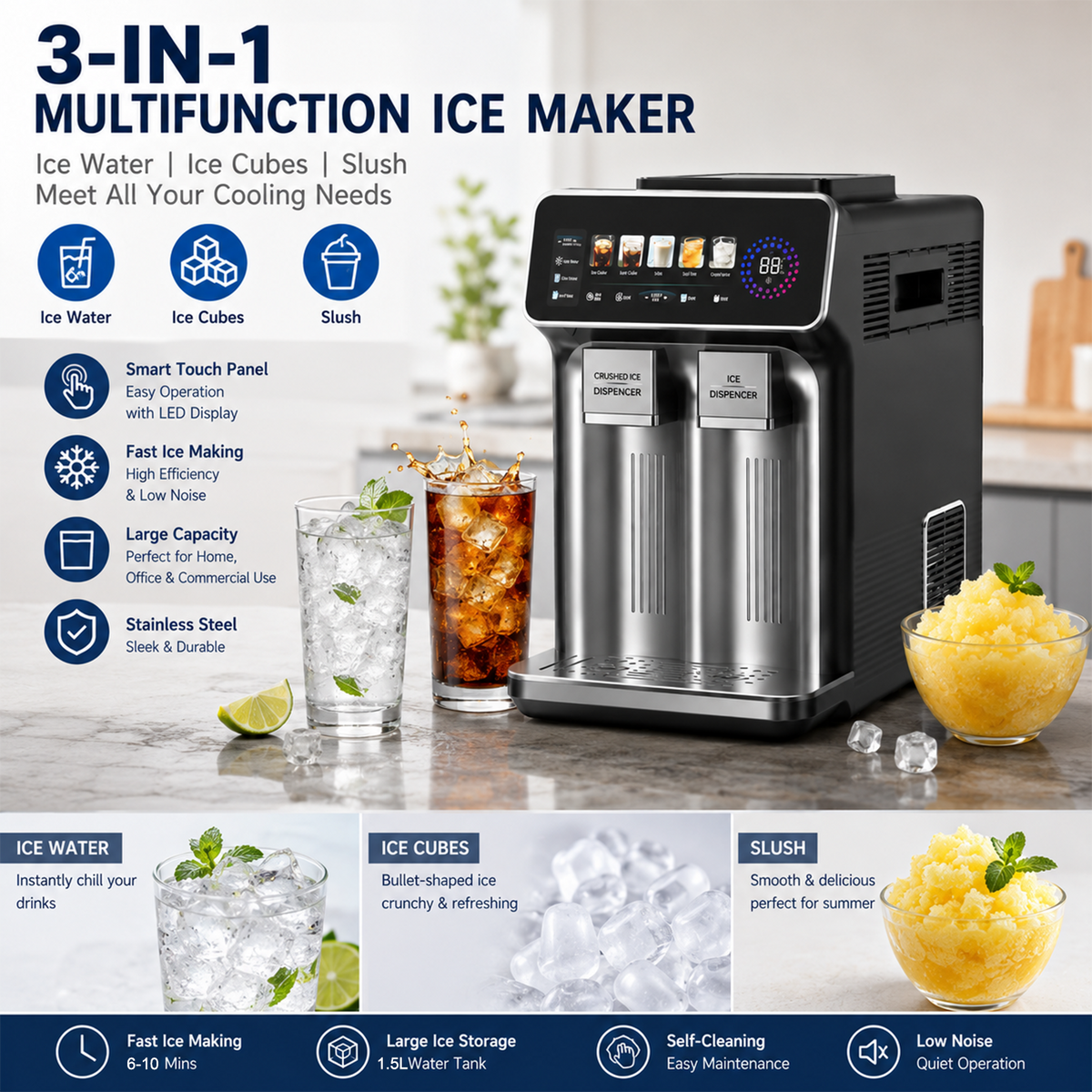 Countertop Ice Dispenser Ice Slush Cold Water 15kg Daily Output Low Noise 3 Functions Ice Maker For Family Use