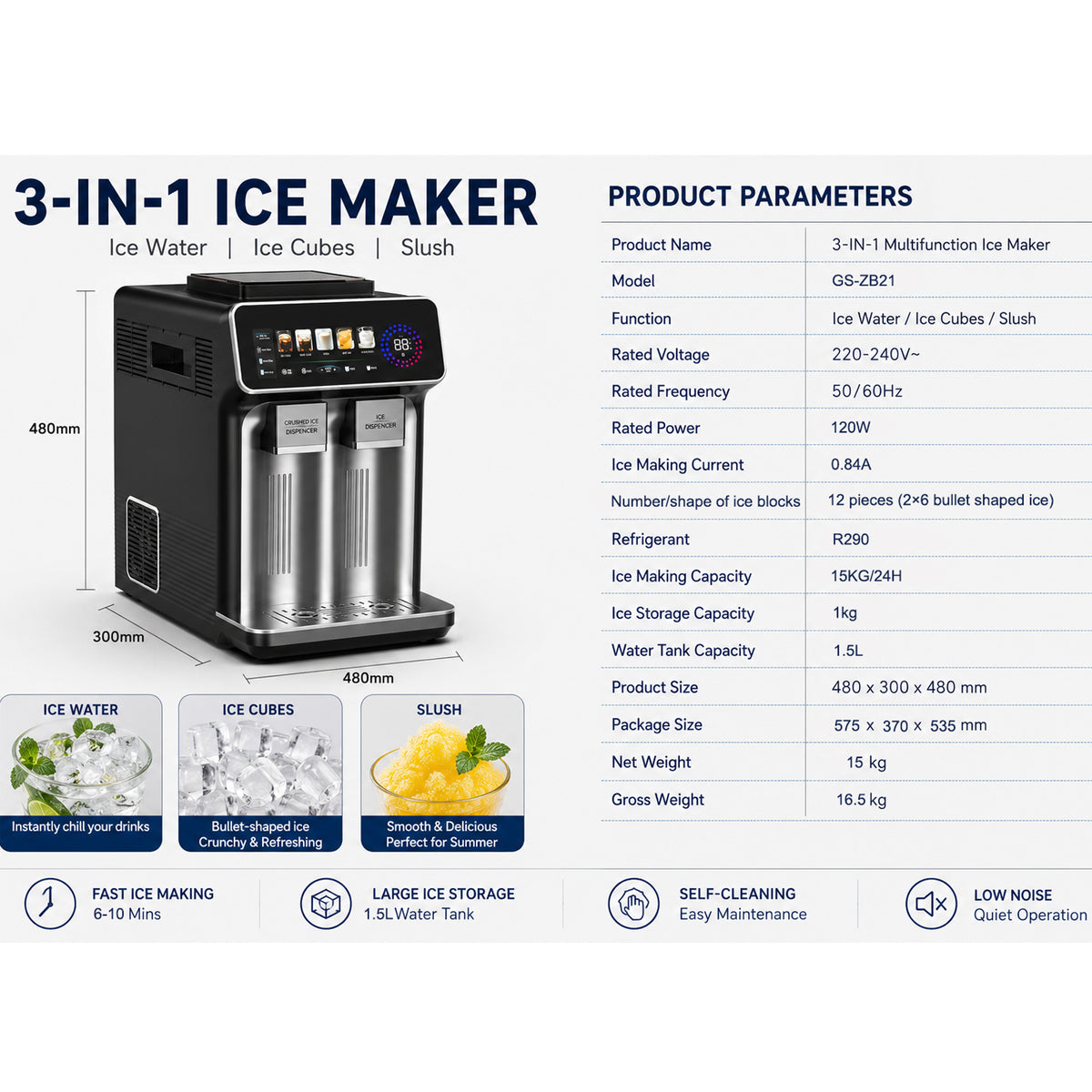 Countertop Ice Dispenser Ice Slush Cold Water 15kg Daily Output Low Noise 3 Functions Ice Maker For Family Use