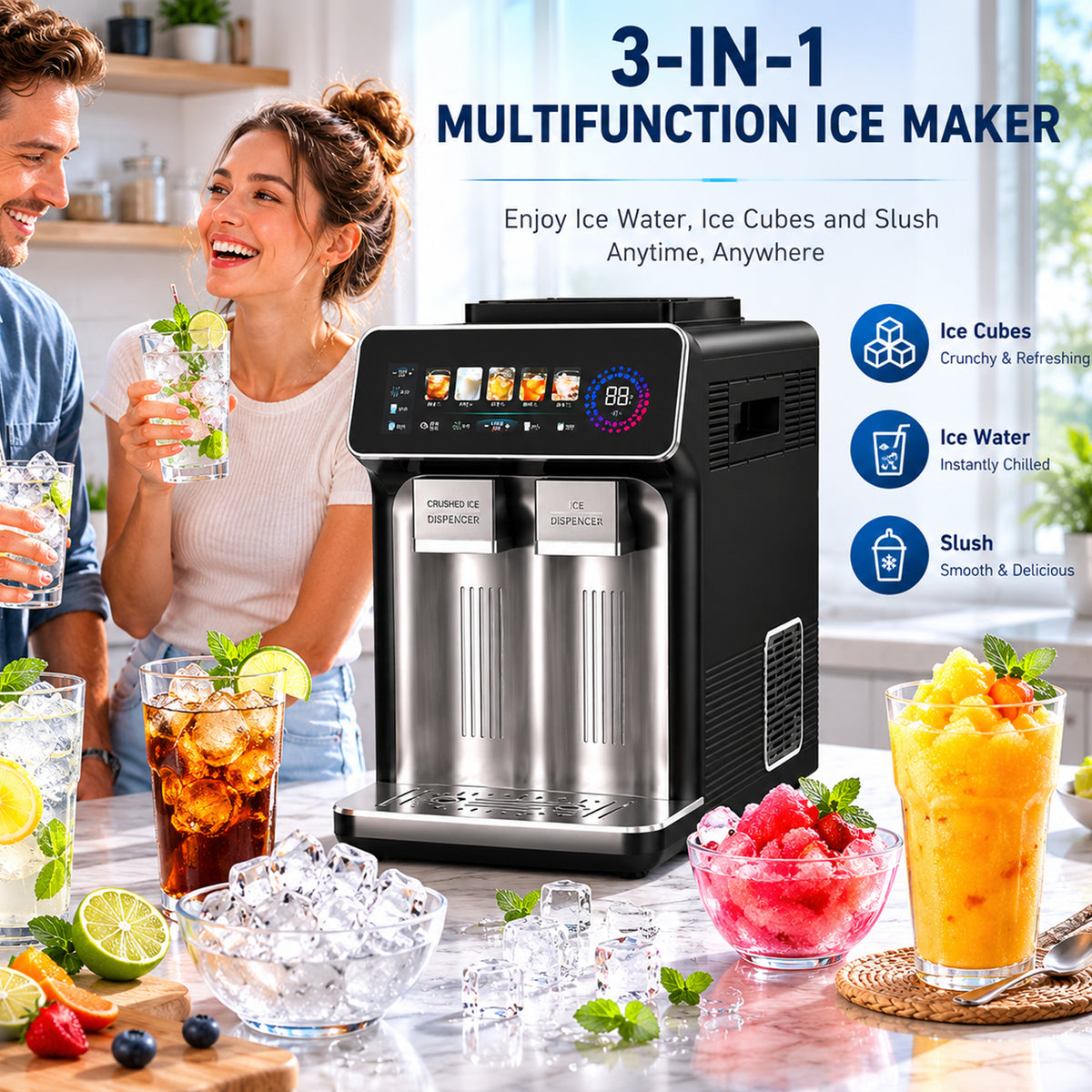 Countertop Ice Dispenser Ice Slush Cold Water 15kg Daily Output Low Noise 3 Functions Ice Maker For Family Use