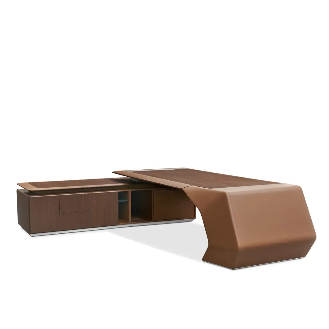 H-02 Executive Office Table Brown | Luxury Executive Desk with Storage & Power Hub