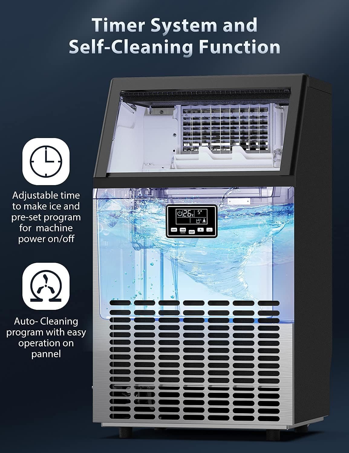Commercial Ice Maker Machine, 80kg Daily Output, Stainless Steel, LCD Display, Automatic Water Supply, 300W, 15kg Ice Storage Capacity