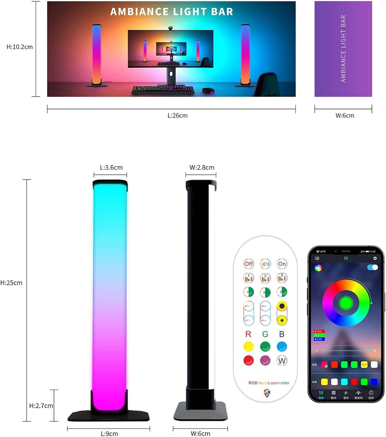 COOLBABY Smart LED Light Bar, RGB LED TV Backlight Lights, Cozylady RGB Ambient Lamp with Multi-Modes and Music Sync Modes, Dimmable LED Light with Remote Control for Gaming, PC, Decoration, Pack of 2 - COOL BABY