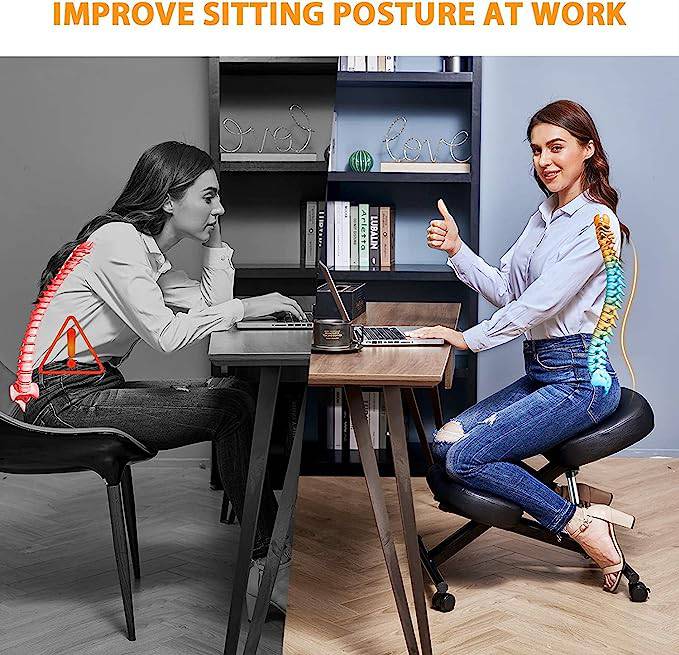 COOLBABY Kneeling Chair Ergonomic with Thick Memory Foam Cushion, Height Adjustable Office Stool, Knee Support Chair to Relieve Back Pain & Improve Posture, Brake Casters, for Home & Office - COOL BABY