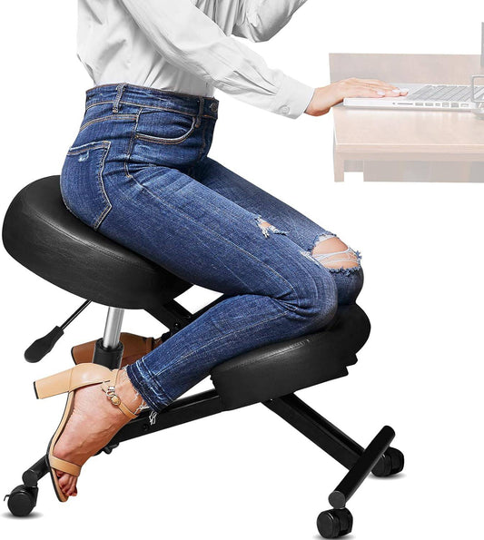 COOLBABY Kneeling Chair Ergonomic with Thick Memory Foam Cushion, Height Adjustable Office Stool, Knee Support Chair to Relieve Back Pain & Improve Posture, Brake Casters, for Home & Office - COOL BABY