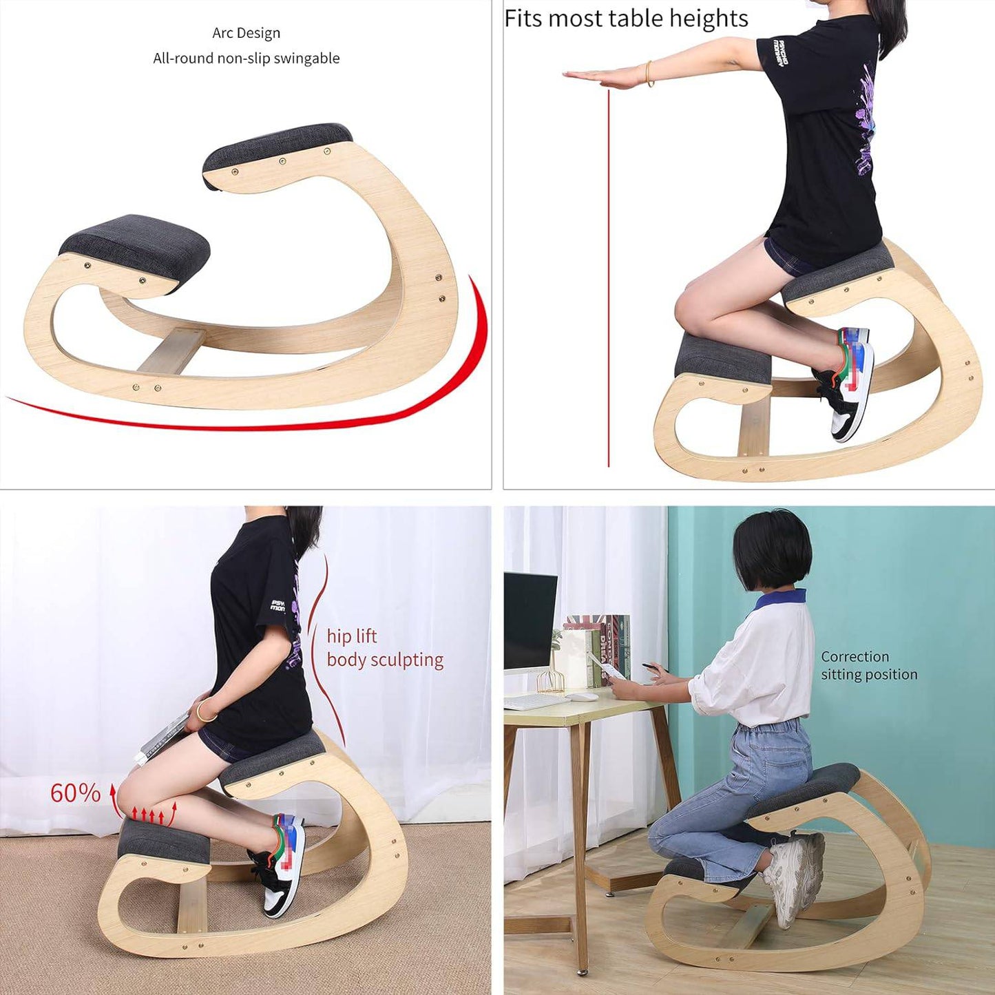 COOLBABY Kneeling Chair For Upright Posture - Rocking Chair Knee Stool For Home, Office & Meditation - Wood & Linen Cushion - Relieving Back And Neck Pain & Improving Posture - COOL BABY